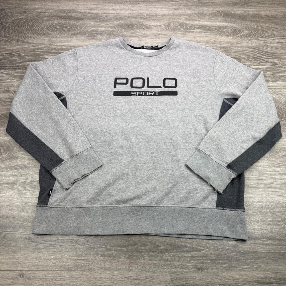 Polo Sport Sweatshirt Mens XL Gray Spellout Crewneck Distressed Ralph Lauren Y2K